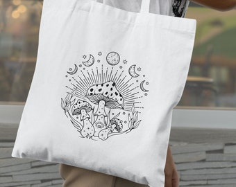 Cottagecore Mushroom Moons Tote Bag Trendy Reusable Organic Cotton Bag with Aesthetic Appeal