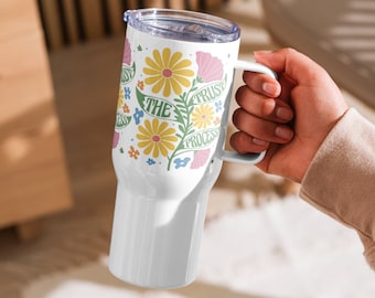 Retro floral print travel mug with handle Unique gift for nature lover Boho flower thermal mug Adventure traveler gift