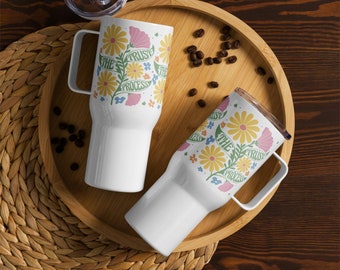 Boho floral print travel mug with handle Unique gift for coffee lovers Retro flower thermal mug Adventure traveler gift