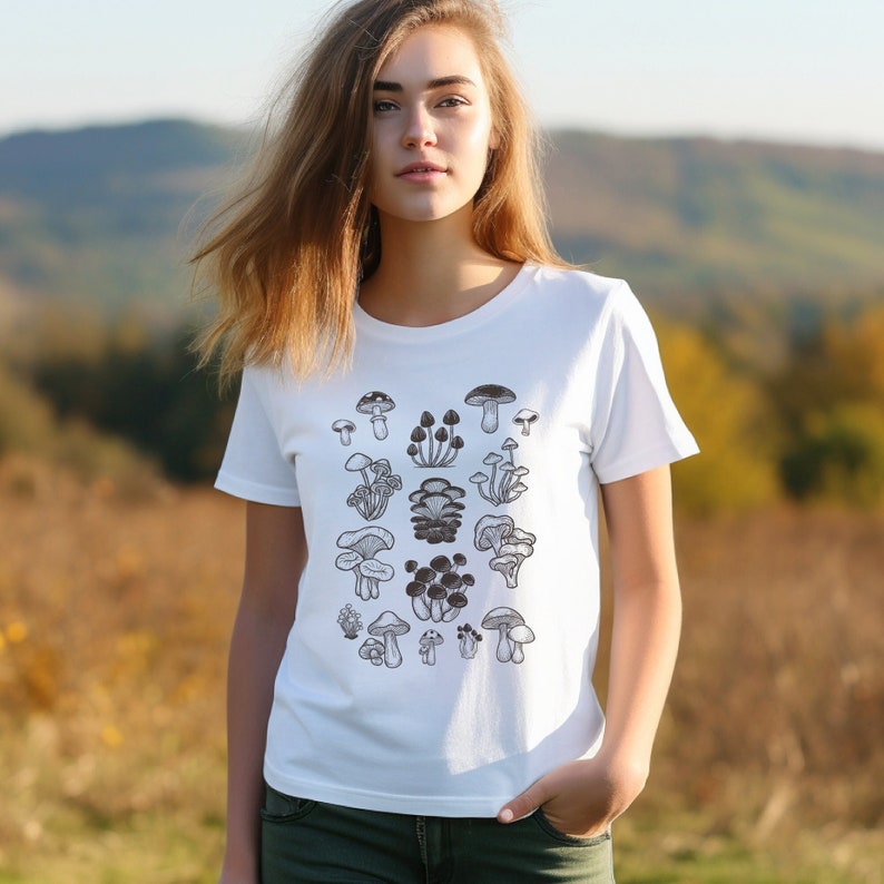 Cottagecore mushroom t-shirt, Nature lover mushroom t shirt, Folklore shirt, Dark academia shirt, Goblincore shirt, Witchy Gift for her image 1