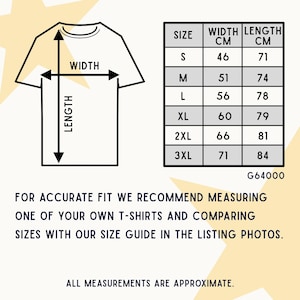 May include: Size chart for a t-shirt with measurements in centimeters. The chart shows the width and length of the shirt in centimeters for sizes S, M, L, XL, 2XL, and 3XL. The text "G64000" is at the bottom of the chart.