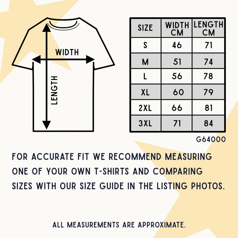 May include: Size chart for a t-shirt with measurements in centimeters. The chart shows the width and length of the shirt in centimeters for sizes S, M, L, XL, 2XL, and 3XL. The text "G64000" is at the bottom of the chart.