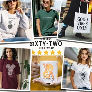 May include: A collage of various products featuring graphic designs. The products include a white sweatshirt with a scorpion constellation design, a green t-shirt with the text "All you need is less", a white tote bag with the text "Good Vibes Only", a maroon t-shirt with a white elephant design and the text "Namaste", a white mug with a yoga design and the text "Emily", and a white t-shirt with a moon and stars design.