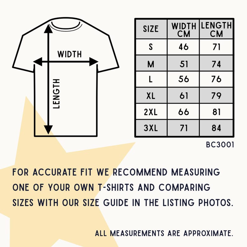 May include: A white t-shirt size chart with measurements in centimeters. The chart includes sizes S to 3XL, with corresponding width and length measurements. Text at the bottom advises comparing sizes with a personal t-shirt for accurate fit.