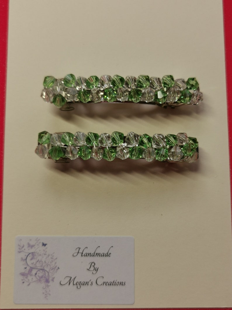 pale green and clear beaded hair accessory pale green /& clear beaded hair barrette Pale green and clear coloured glass beaded hair clips