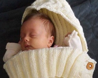 Cabled baby cocoon. Papoose. Knitted cabled outdoor Baby cocoon. Baby shower gift. Baby pram cocoon.Snugly warm pram nest. Vegan friendly.