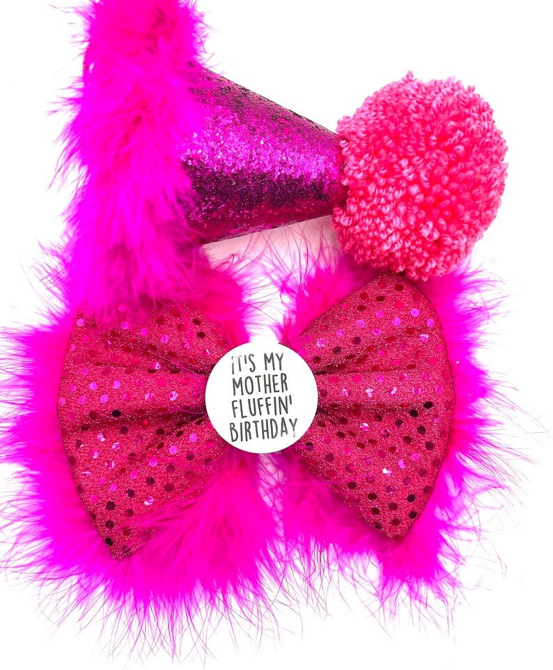 Adorable Pink Fluffy Birthday Hat & Badge Bow Set for Dogs Perfect