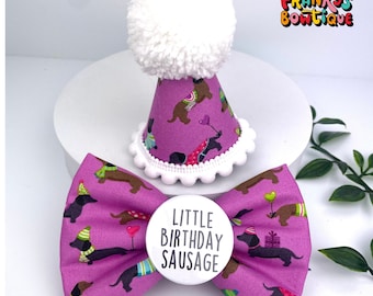 Little Birthday Sausage Hat and Badge Bow set| Dachshund birthday | Sauage dog | birthday dogs | Badge Bows | dog Bow Tie | Birthday dog hat