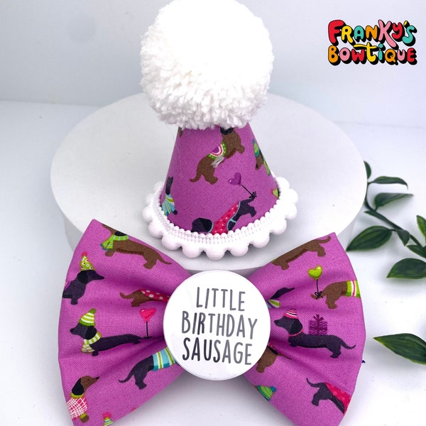 Little Birthday Sausage Hat and Badge Bow set| Dachshund birthday | Sauage dog | birthday dogs | Badge Bows | dog Bow Tie | Birthday dog hat