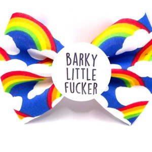 Badge Bow: Barky Little Fucker, rude dog bow, rude dog bow tie, funny dog bow tie, sweary dog stuff, dog bow, badge bows, dog bow, dog gift image 1