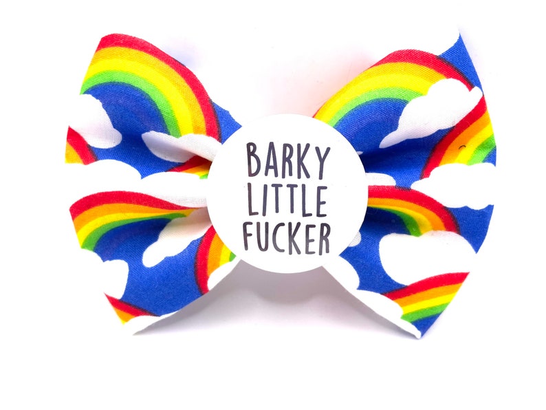 Badge Bow: Barky Little Fucker, rude dog bow, rude dog bow tie, funny dog bow tie, sweary dog stuff, dog bow, badge bows, dog bow, dog gift image 1
