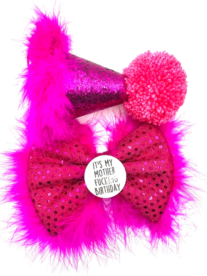 Adorable Pink Fluffy Birthday Hat & Badge Bow Set for Dogs Perfect
