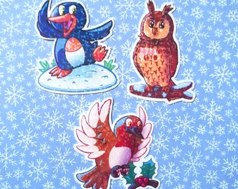 Holographic Winter Bird Sticker Set of 3, waterproof, Laptop decal, animal, cute