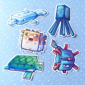 Minecraft Vinyl Stickers 5: Dolphin, Squid, Pufferfish, Turtle and Guardian All 5