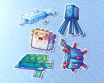 Minecraft Vinyl Stickers 5: Dolphin, Squid, Pufferfish, Turtle and Guardian