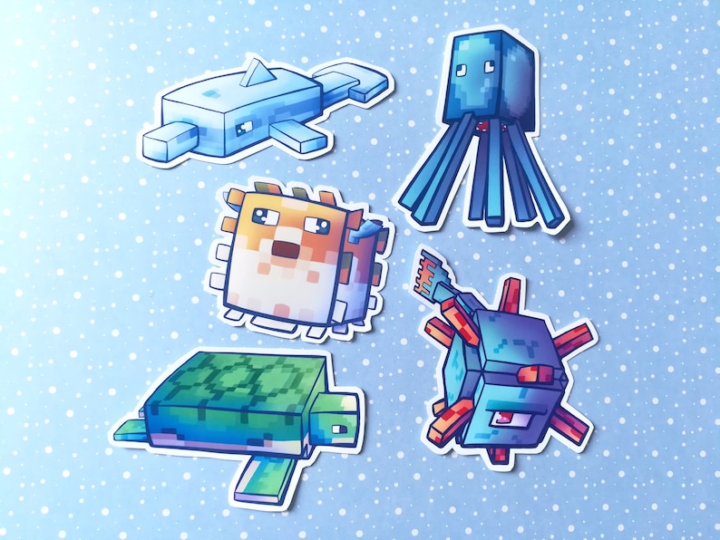 Minecraft Vinyl Stickers 5: Dolphin, Squid, Pufferfish, Turtle and Guardian All 5