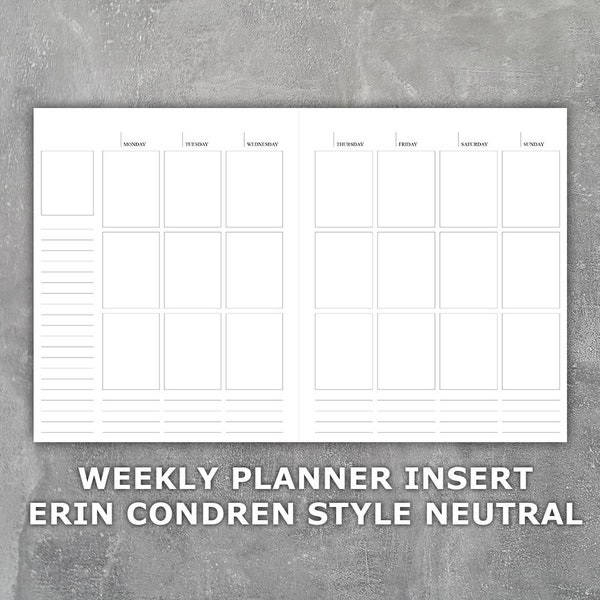 Planificador Semanal Imprimible Erin Condren Estilo Neutral Sin Fecha Inicio del Lunes- Semana en 2 Páginas