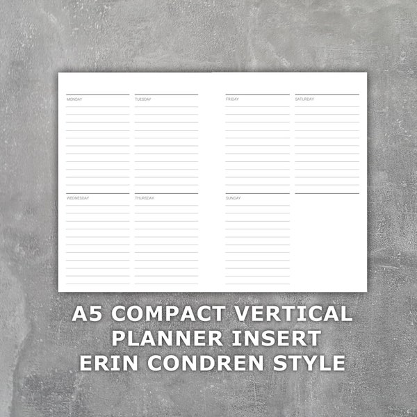 A5 Compact Vertical Weekly Planner Printable Insert Erin Condren Style Neutral Undated Monday Start- Week on 2 Pages