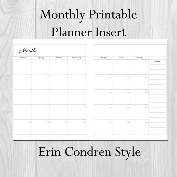 Monthly Planner Printable Insert Undated Sunday Start Erin Etsy