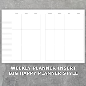 Inserto imprimible del planificador semanal estilo Big Happy Planner - Inicio del domingo sin fecha - Semana en 2 páginas - Tamaño de letra - Diseño vertical