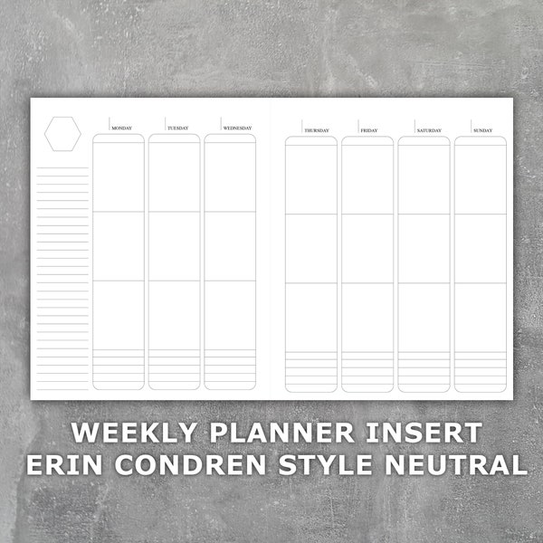 Weekly Planner Printable Erin Condren Style Vertical Neutral Undated Monday Start- Week on 2 Pages