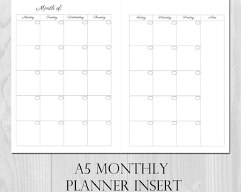 Monthly Planner Printable Insert A5 Size Undated - Month on 2 Pages