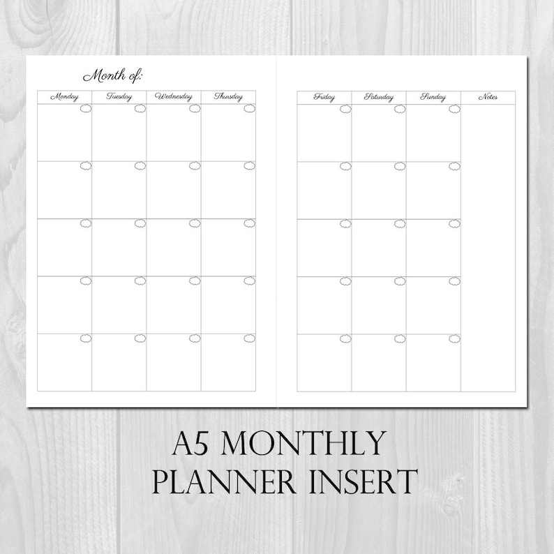 Monthly Planner Printable Insert A5 Size Undated - Month on 2 Pages - Etsy