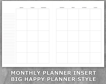 Inserto imprimible del planificador mensual estilo Big Happy Planner - Inicio del lunes sin fecha - Mes en 2 páginas - Tamaño carta