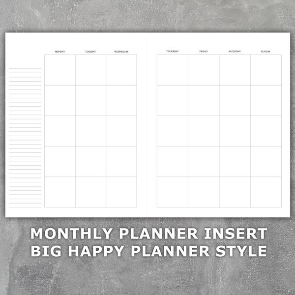 Big Happy Planner Style Monthly Planner Printable Insert - Undated Monday Start - Month on 2 Pages - Letter Size