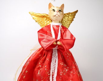 Shorthair Tabby, Red Christmas Tree Toppers and Shelf Decor