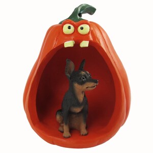 Halloween Decoration Collection with Spooky Pumpkin and Miniature Pinscher, Black & Tan Figurine