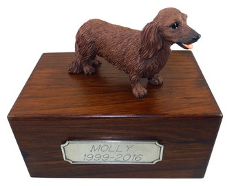 Longhaired Dachshund, Red Beautiful Paulownia Small Wooden Pet Urns