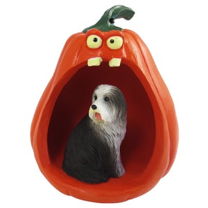 Halloween Decoration Collection with Spooky Pumpkin and Bearded Collie Figurine