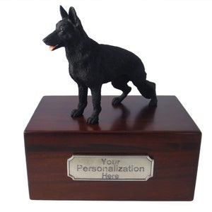 German Shepherd, Black Beautiful Paulownia Wood Large Personalized Pet Urns with Figurine