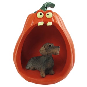 Halloween Decoration Collection with Spooky Pumpkin and Wirehaired Dachshund Figurine