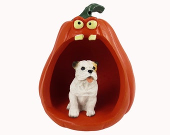 Halloween Decoration Collection with Spooky Pumpkin and Bulldog, White figurine