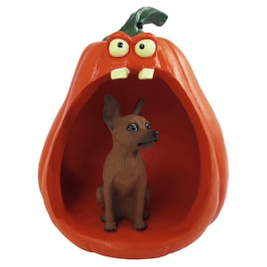 Halloween Decoration Collection with Spooky Pumpkin and Miniature Pinscher, Red and Brown Figurine