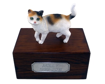 Calico, Shorthair Standing Beautiful Paulownia Small Wooden Pet Urns