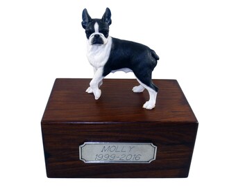 Boston Terrier Beautiful Paulownia Wood Small Personalized Pet Urns with Figurine
