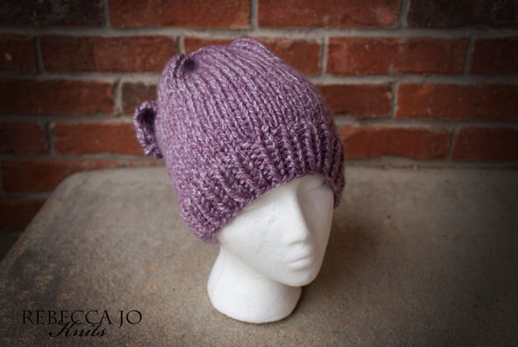 Messy Bun Knit Hat With Bow Purple Etsy