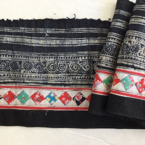 May include: A section of dark blue fabric with a white patterned design. The fabric features horizontal stripes, geometric shapes, and a row of colorful diamond-shaped patches. Rolled fabric sections are visible on the right.