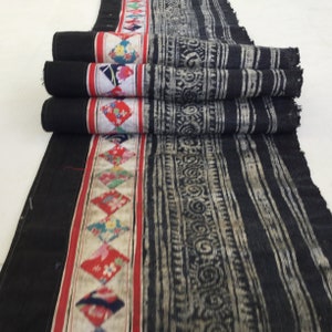May include: A rolled textile with a black background and a patterned design. The textile features a central band with colorful diamond shapes and a red border. The main section has vertical stripes and decorative patterns in a lighter color.