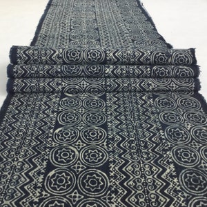 May include: A close-up of indigo blue fabric with a white geometric pattern. The fabric is folded and shows the repeating pattern.