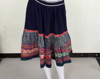 Handwoven Hmong Hemp ,Handwoven indigo Batik Hemp skirt, vintage Batik fabric textiles, old skirt Hmong hemp, Hmong textile,  Hemp skirt