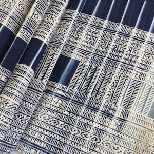 May include: Indigo blue fabric with a white geometric pattern. The fabric is folded and shows the pattern on both sides.