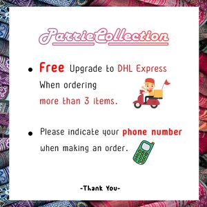 May include: White background with the text "Parrie Collection" in a cursive font. The text includes information about DHL Express upgrades and a request to provide a phone number when ordering. A cartoon image of a person on a scooter is also included.