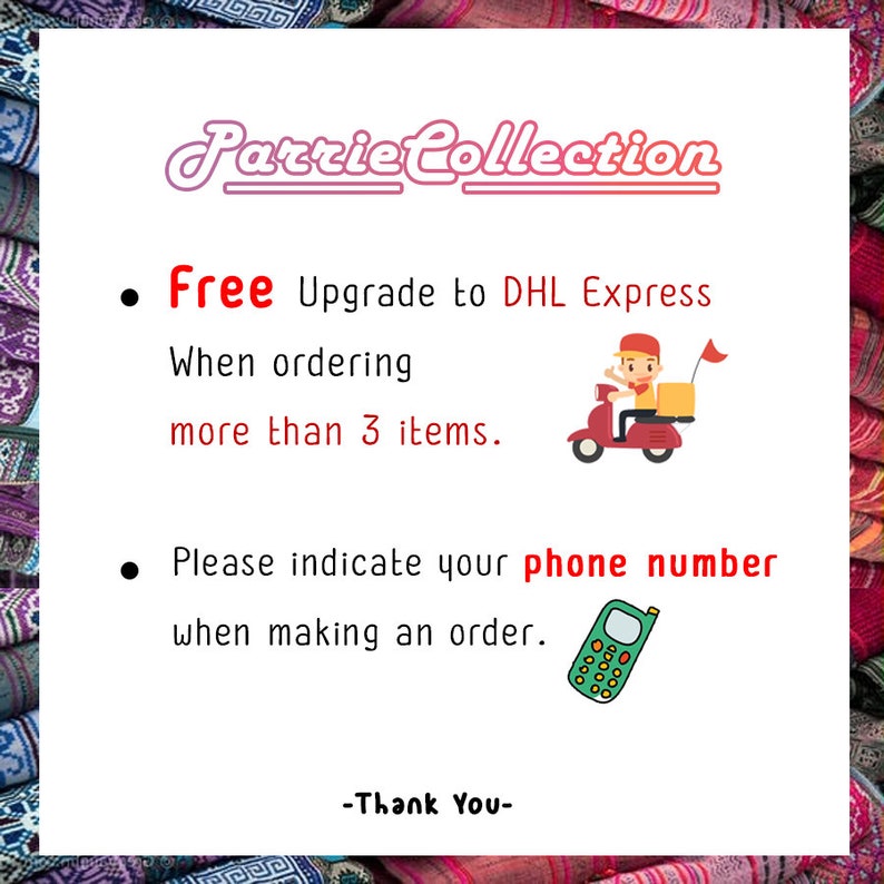 May include: White background with the text "Parrie Collection" in a cursive font. The text includes information about DHL Express upgrades and a request to provide a phone number when ordering. A cartoon image of a person on a scooter is also included.
