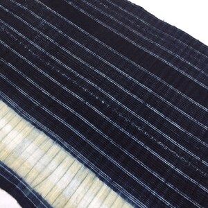 May include: A close-up of a blue and white striped fabric with a white border. The fabric has a textured, woven appearance.