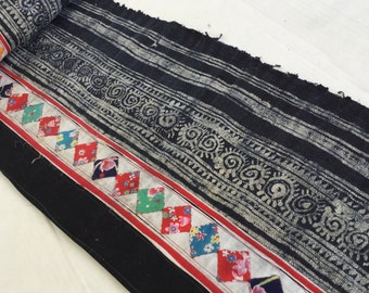 Tela de cáñamo hmong vintage teñida a mano: camino de cama tribal