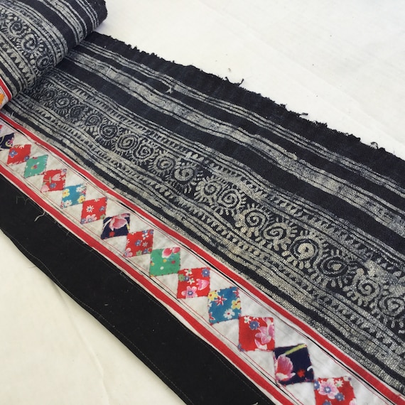 Vintage Hand-Dyed Hmong Hemp Fabric: Tribal Textile Bed Runner